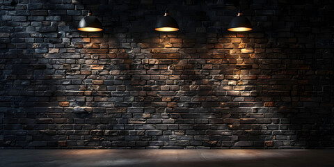 Rough black brick wall texture background and yellow hanging lights on it.  - obrazy, fototapety, plakaty