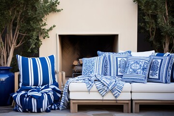 Grecian Blues: Outdoor Fireplace & Blue-White Textiles Patio Designs