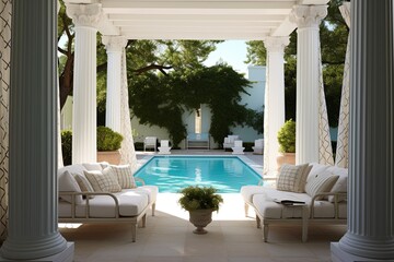 Grecian Patio Paradise: Pool View, White Curtains, Classic Columns