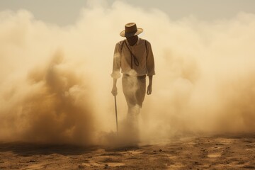 Rugged Man desert field smoke. Business fantasy. Generate Ai