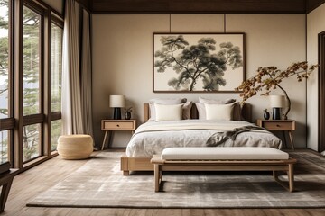 Japanese-Inspired Bedroom Ideas: Farmhouse Decor and Neutral Curtains Harmony