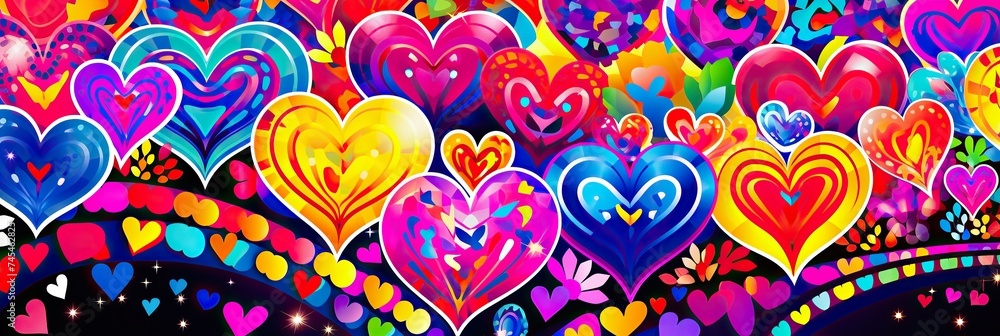 Poster a mesmerizing painting featuring a multitude of vibrant, colorful hearts set against a deep black ba