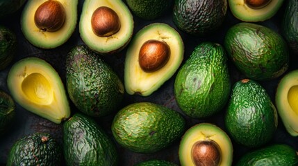Whole and half avocado fruit food. Healthy nutrition background