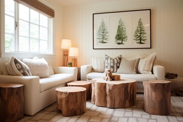 Cozy Kids Room with Rustic Cabin Charm: Wood Stump Side Tables and Comfy Seating