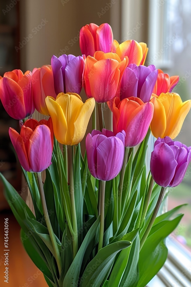Poster a vase overflowing with a myriad of vibrant and colorful flowers, creating a stunning and lively dis