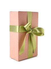 Pink gift box with green bow on white background. International Women's Day