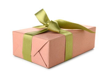 Pink gift box with green bow on white background. International Women's Day