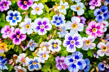 Colorful petunias bouquet of flowers scattered across a vibrant green grassy field, shining under the golden sunlight of a beautiful day - obrazy, fototapety, plakaty