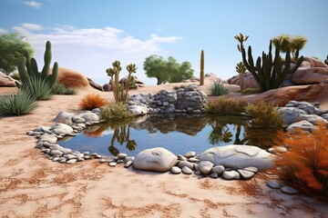 Zen Desert Landscape: Minimalist Oasis with Rock Garden and Water Features