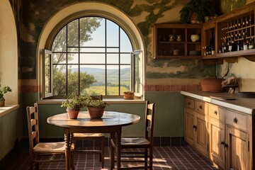 Tuscan Vineyard Charm: Sunlit Nook with Bistro Table and Frescoed Walls of Rolling Countryside