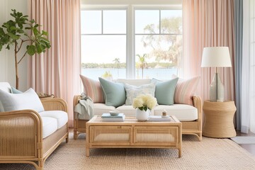 Coastal Vibes: Beachfront Cottage Living Room with Rattan Rug and Pastel Curtains