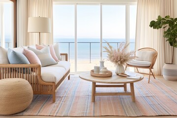 Coastal Vibes: Rattan Rug and Pastel Curtains in Beachfront Cottage Living Room