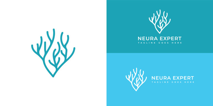 Neuron Nerve Cell or Coral Seaweed logo in blue color presented with multiple white and blue background colors. The logo is suitable for medical business logo design inspiration templates.