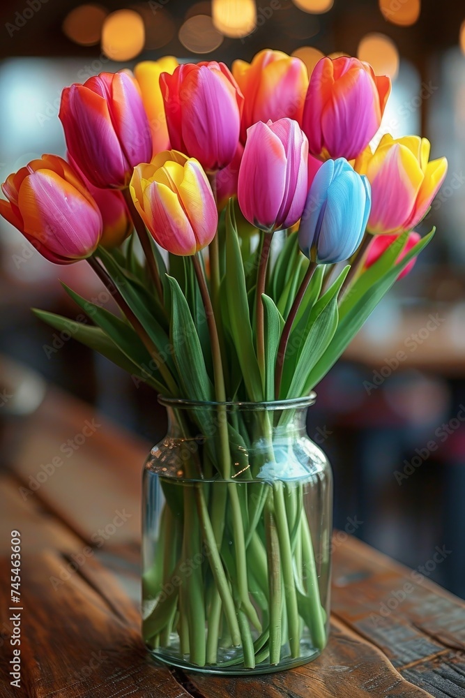 Poster A colorful array of tulips bursts from a vase atop a rustic wooden table, bringing a touch of joy and natures beauty indoors