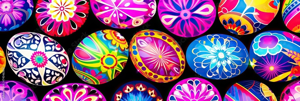Poster a stack of colorful painted eggs, each one unique and vibrant, creating a rainbow tower of artistry 