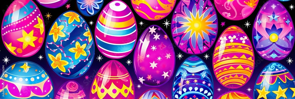 Leinwandbilder a vibrant assortment of colorful easter eggs scattered on a sleek black background, creating a visua