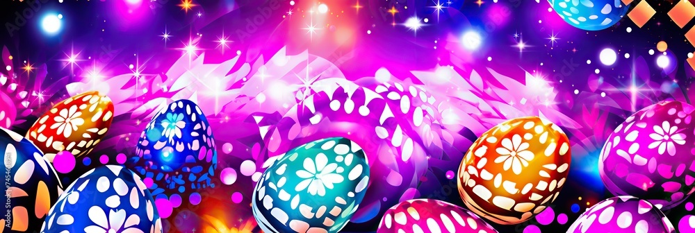 Poster a vibrant assortment of colorful eggs contrast against a dark black background, creating a mesmerizi