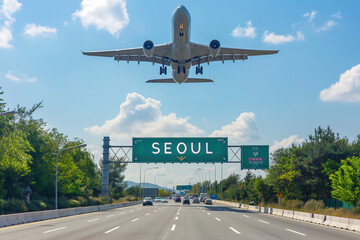 Plane landing in Seoul, South Korea, with "SEOUL" road sign in frame	