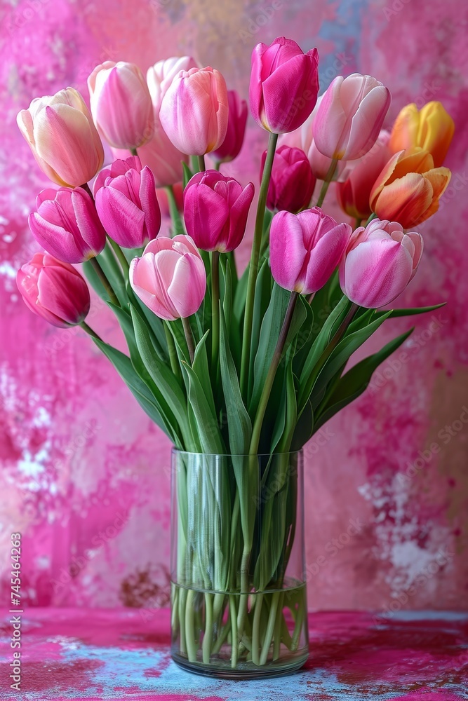 Poster a vibrant vase overflows with a beautiful arrangement of pink and yellow tulips, creating a stunning