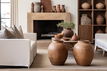 Fototapeta na wymiar Terracotta Vases, Sculptural Coffee Tables: Modern Colonial Living Room Designs Showcase