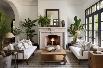 Chic Colonial Fireplaces: Modern Living Room Designs with Carved Furniture and Fresh Greenery