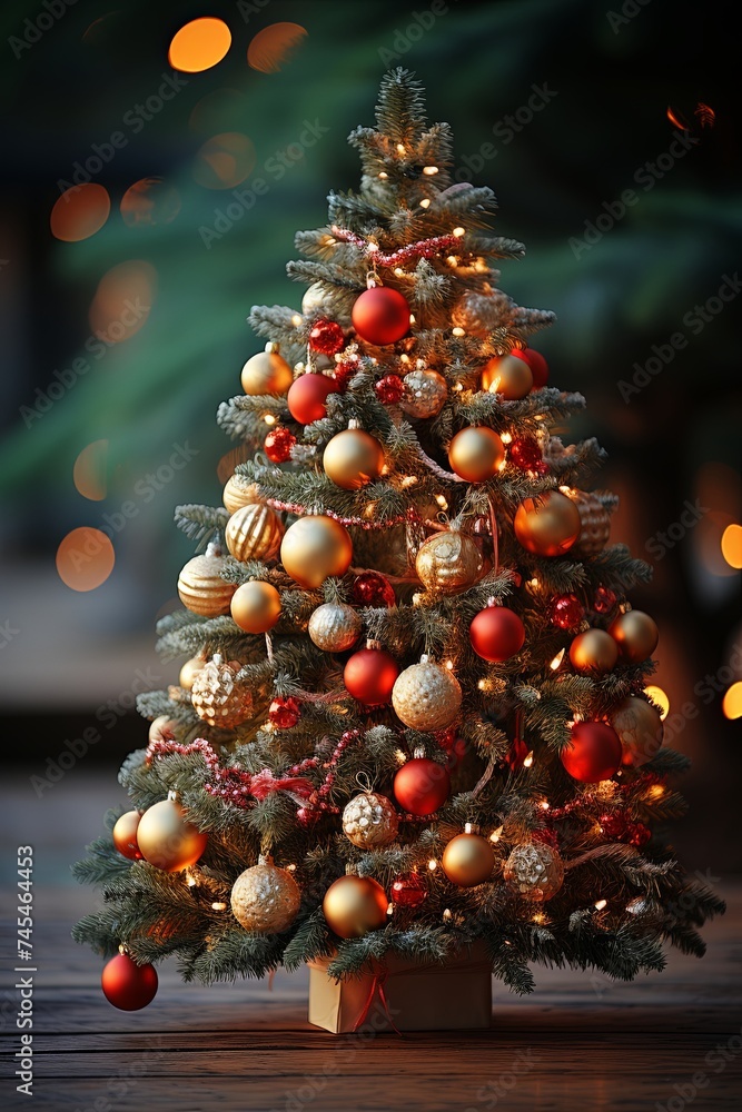 Poster A small Christmas tree adorned with eye-catching red and gold ornaments, creating a festive and elegant display