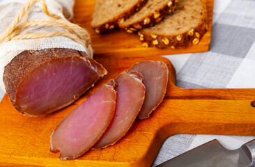 National dish of the Belarusian cuisine is dried pork meat polendvica, cut into pieces on...