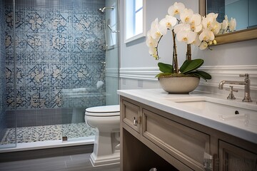 Moroccan Tile Bathroom Bliss: Modern Estates with Roomy Showers and Chic Flower Arrangements