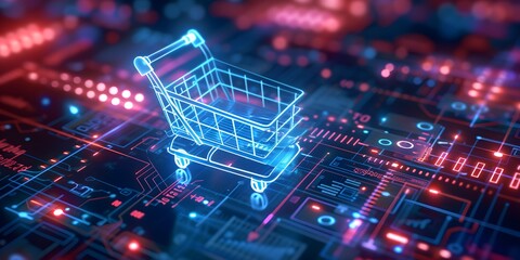 ecommerce business technologies with hologram shopping cart - obrazy, fototapety, plakaty