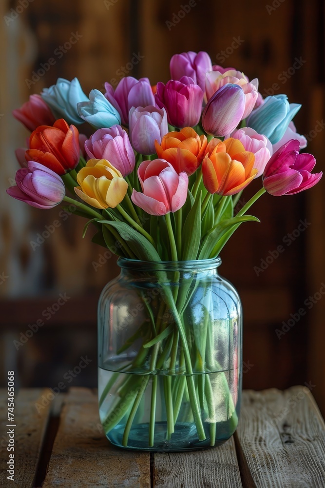 Poster A vibrant vase overflows with an array of colorful flowers, resting elegantly on a rustic wooden table