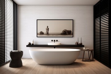 Fototapeta na wymiar Monochrome Villa: Minimalist Black Fixtures & White Tub Bathroom Design