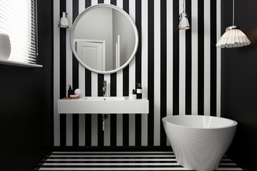 Monochrome Modern Bathroom: Black and White Striped Wall with Sleek Fixtures