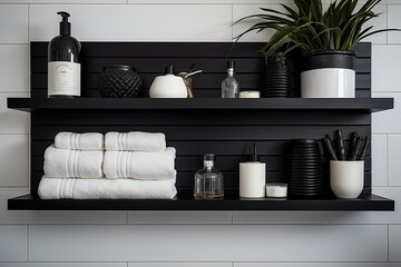 Chic Black Shelving and White Decor Items in Monochrome Bathroom Style