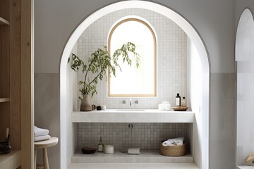 Moroccan Tile Bathroom Inspirations: Arch Doorway and Nordic Style Vanity Elegance