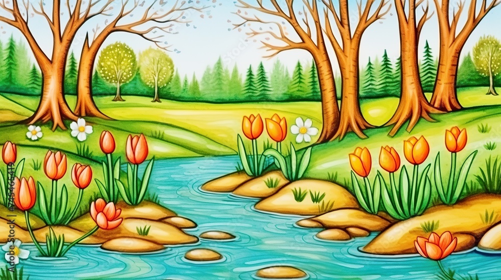 Poster a tranquil river winds its way through a lush forest, framed by vibrant trees and flowers in full bl
