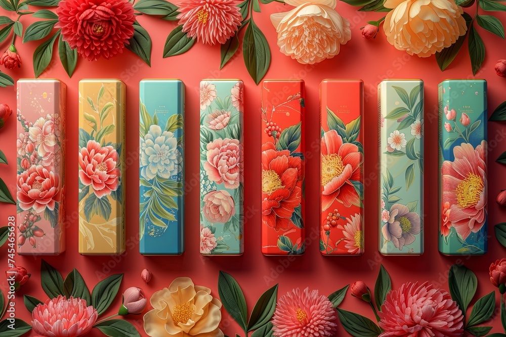 Poster vibrant boxes of various hues decorated with intricate floral designs create a mesmerizing display o