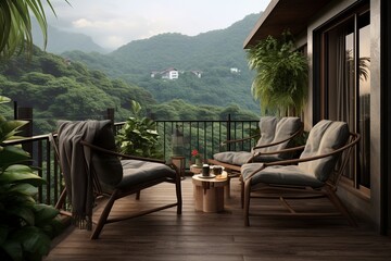 Fototapeta na wymiar Urban Jungle Balcony: Rustic Minimalist Mountain Homes with Serene Landscape Views