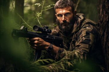 Obraz premium Rugged Man wearing camouflage and aiming with hunting rifle in forest. Outdoor ammo game hunter. Generate Ai