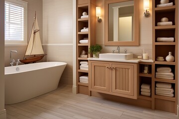 Fototapeta premium Nautical Bathroom: Boat Decor with Sandy Floor and Wooden Vanity Design