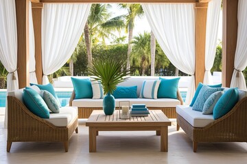 Tropical Resort Patio Inspiration: Ocean Breeze with Turquoise Cushions and White Drapes.