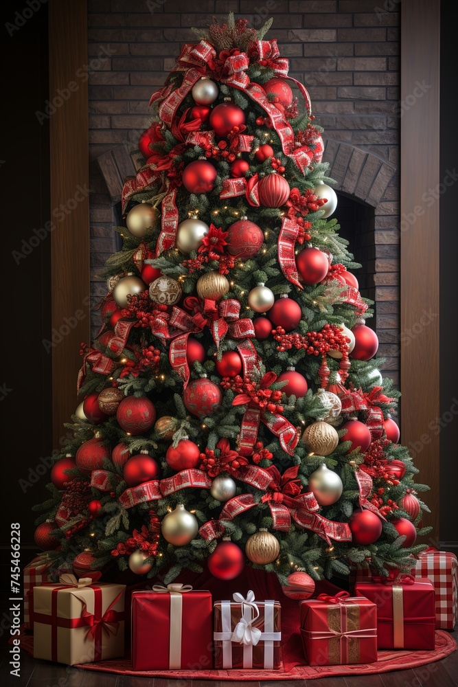 Poster a magnificent christmas tree adorned with shimmering red and gold ornaments, creating a dazzling and