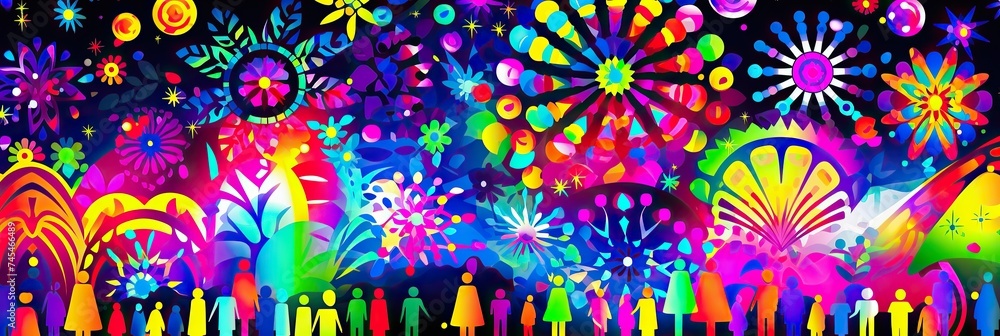 Poster a vibrant painting featuring a multitude of colors blending together to create a mesmerizing and dyn