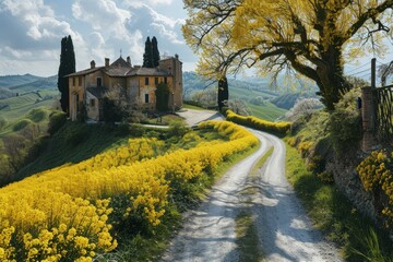 A serene country road winds its way through a lush landscape, leading to a charming house in the distance