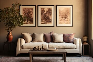 Persian Loft Chic: Beige Sofa, Stucco Walls, & Framed Art Decor in Living Room