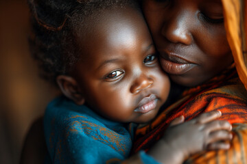 African mother and baby, child with hunger in the arms of a sad woman, poverty in the third world - obrazy, fototapety, plakaty
