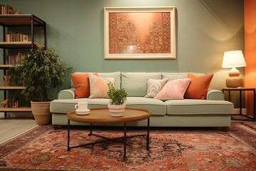 Persian-Inspired Living Room Decors: Mint Sofa, Terracotta Rug, Warm Ambiance Elegance