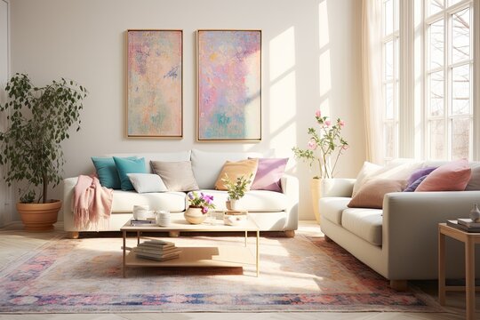 Pastel Hues: Elegant Persian-Inspired Living Room Decor with Nordic Rug