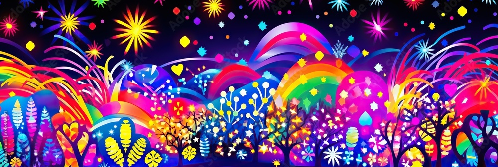 Poster a mesmerizing painting capturing the vibrant colors of fireworks illuminating the dark night sky, cr