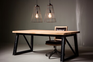 Raw Industrial Pendant Lamp Suspended over Solid Wood Desk with Metal Chair