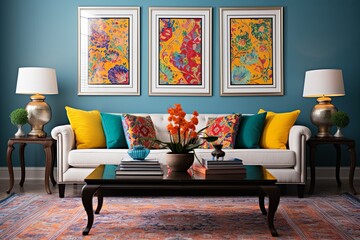 Vibrant Persian Vase Decor, Light Fixtures, and Colorful Rug for Living Room Decors